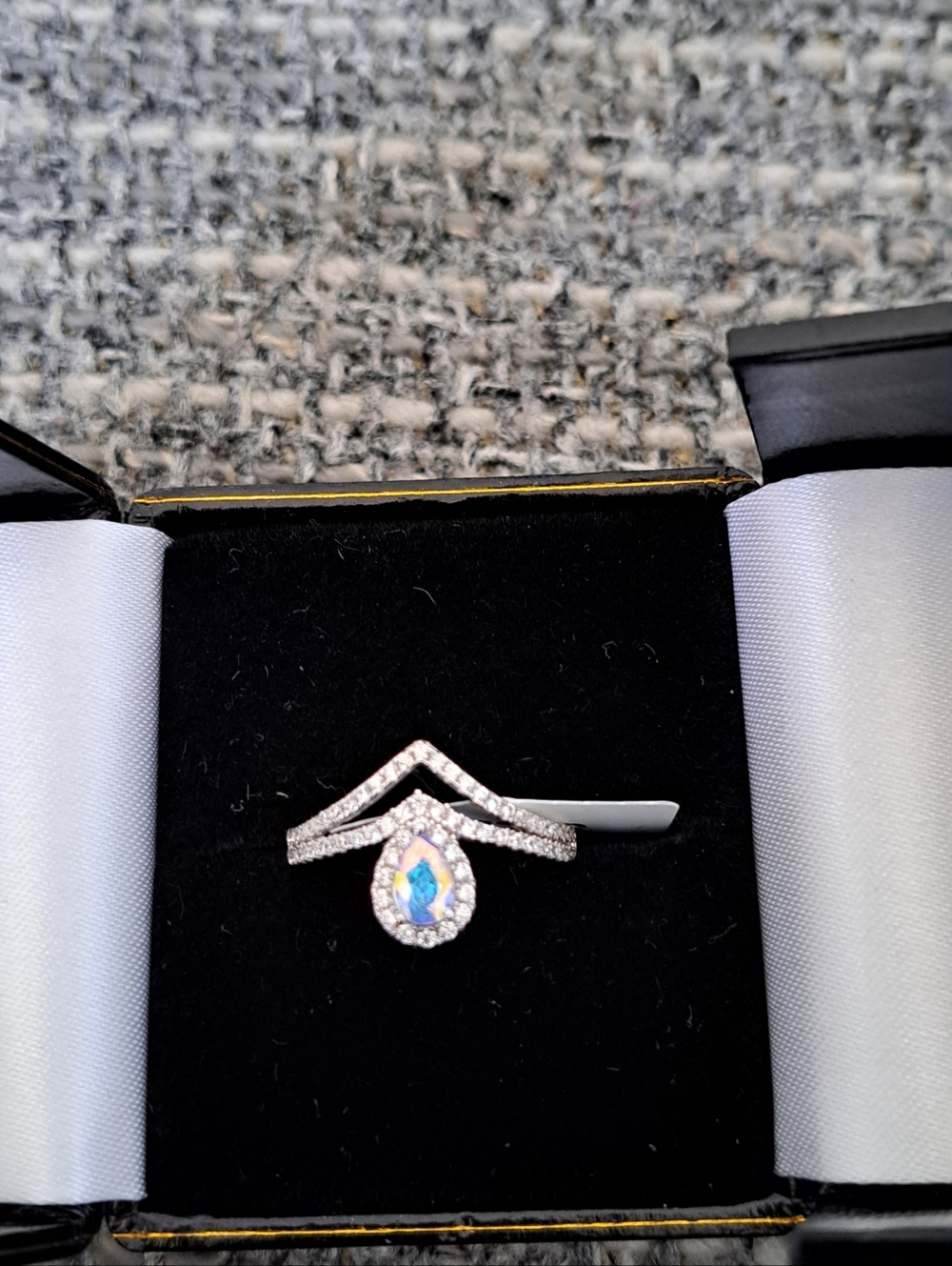 Sterling Silver Teardrop Synthetic Diamond Ring with Pavé Accents - White